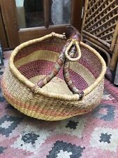 African Ghana Woven Wicker Basket Oblong Shape With Leather Wrapped Handle Used