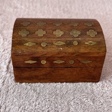 Small Trinket Treasure Chest: Vintage Metal Inlay Wooden Box, Hinged Lid