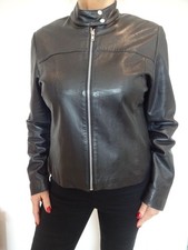 Ladies 100% Black Leather Mandarin Collar Zip Up Biker Jacket Size UK16 EU44