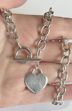 Genuine Solid Sterling Silver Heavy Heart T Bar Necklace 40cm Chain 40g