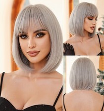 Bob Straight Halloween Heat Resistant Hair Cosplay Wig With Fringe Grey Natural