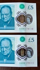 Two AA08 £5 notes consecutive 179110 179111 running numbers uncirculated rare! 
