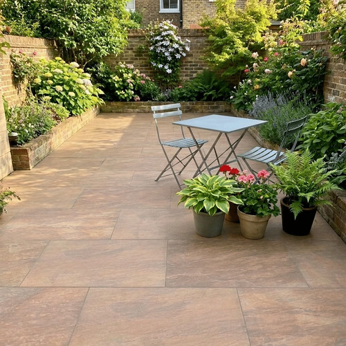 Buff porcelain patio paving - porcelain,