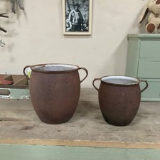 Pair of Antique Cast Iron and Enamel Garden Pots Planters