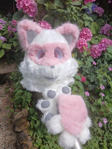 Pink white racoon fursuit head - white,