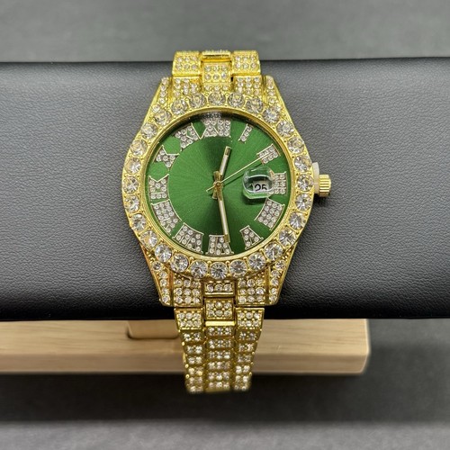 Gold tone iced - watch, green