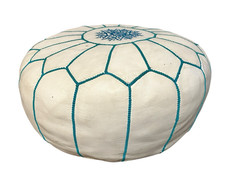 White Leather Moroccan Pouffe 55×35 cm Ottoman with Turquoise Stitching