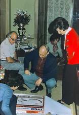 Gramps Inspecting Boy's Tyco Electric Train Set @ Christmas: 1970's 35mm Slide