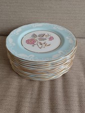 12 VINTAGE IMPERIAL FINE ENGLISH CHINA PLATES WARRANTED 22KT GOLD BLUE FLORAL 8"