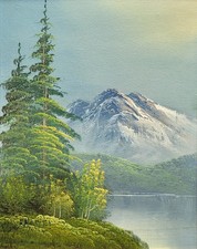 F HAGEL alpine mountain lake scene Bob Ross style oil on canvas MCM 1970s/80s