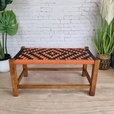 Vintage Wooden Frame Woven Top Orange & Black Long Foot Stool Seat, Plant Stand