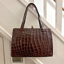 Vintage 50s Brown Crocodile Alligator Skin Leather Handbag  Bag