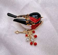 Enamel Robin Brooch With Gold
