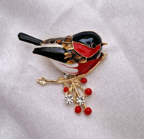 Enamel robin brooch with - enamel,