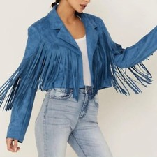 Women's Sky Blue Suede Fringe Leather Western Jacket Vintage Style Coat Ladies