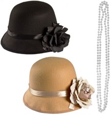 1920'S CLOCHE HAT AND PEARL BEADS VINTAGE GATSBY GIRL FANCY DRESS COSTUME SET