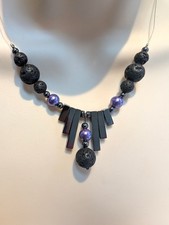 Lava Stone & Hematite Bead Necklace with Purple Accents on Wire 40cm