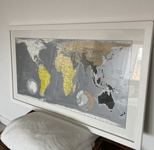 Contemporary World Map Framed And Mounted 106x63 Cm Approx. Silver, Yellow, Grey