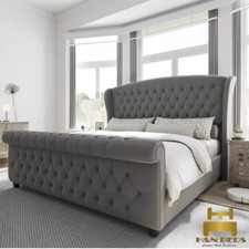 Chesterfield Sleigh Winged Bed Frame Plush Velvet Upholstered Gas Lift Storage