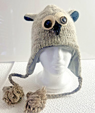  Wool Gray Owl Hat Knit Adult Lined Winter Beanie Ski Cap One Size (G2)