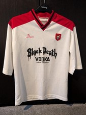 Rare Scarborough FC banned Black Death Vodka shirt from 1990/91 season