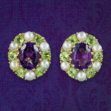 EDWARDIAN STYLE SUFFRAGETTE CLUSTER STUD EARRINGS AMETHYST PERIDOT PEARL