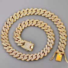18 In Gold Iced Out Chain Necklace Cuban Link Quartz Rhinestone Unisex Jewellery