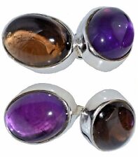 Amethyst and Smoky Quartz Cufflinks in Sterling SILVER 925 chain 4 Gem CuffLink