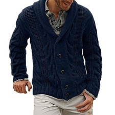 Mens Chunky Collar Cardigan Sweater Buttons Knitted Jumper Coat Jacket Warm UK
