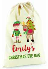 Personalised Christmas Eve Elf Reindeer Bag Xmas Stocking Presents Sack 4 SIZES