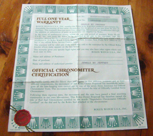 Rolex certificate guarantee - certificate,