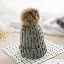LADIES WOMENS WINTER KNITTED BEANIE SKI HAT THERMAL FAUX FUR BOBBLE POM POM