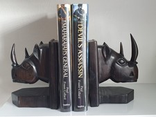 Impressive Vintage Pair Lignum Vitae Hardwood Carved Rhino Bookends Rowland Ward