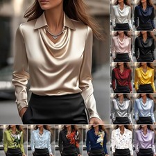 Ladies⭐Satin Silk Tee Shirts OL Lapel Long Sleeve Pullover Blouse Tops SIZE 6~20