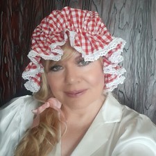 Ladies Red White Gingham Mop Hat Victorian Maid Fairy Tale Fancy Dress Costume