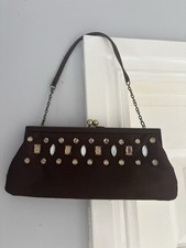 ladies chocolate brown satin jewel embossed evening clutch bag Next