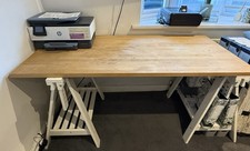 Desk. Trestle. Solid Wood Top. Separate Legs. Shelves.
