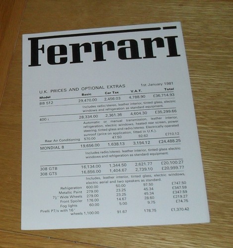Ferrari range price list 1981 - range,
