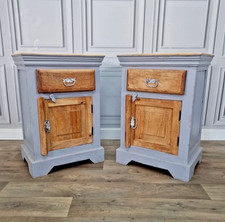 Retro Vintage Pair 2 Painted Bedside Cabinets Tables Drawers - Solid Wood Rustic