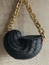 Basket Bag Wicker Rattan Black Chunky Gold Chain Strap Beach Sea Shell Shaped