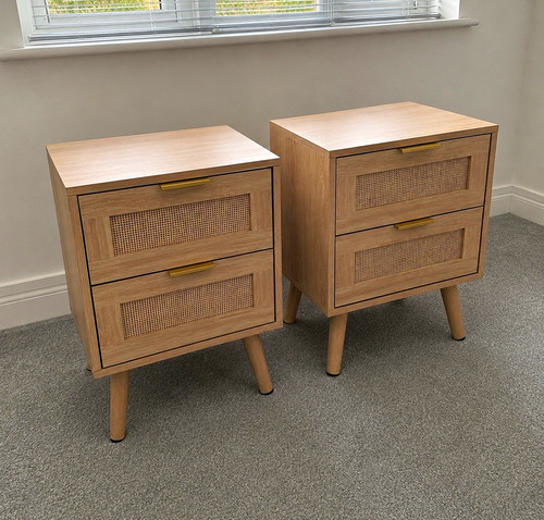 Wood rattan bedside - wood, tables