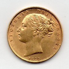 1872 Sovereign, Victoria young, shield back, die number 23