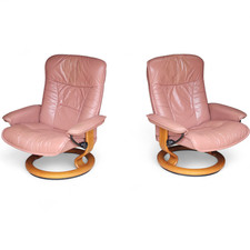Pair Of Ekornes Stressless Pink Leather Recliner Arm Chairs