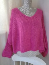 Pink Chunky knit mohair wool mix jumper batwing V-neck oversized Boxy slouchy OS