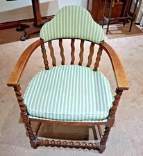 1930s–40s ENGLISH OAK BARLEY TWIST ARMCHAIR – GREEN STRIPED UPHOLSTERY – COLLECT