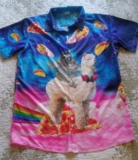 Men's Med 38" Lama & Sloth Short Sleeve Funky Bad Taste Button Up Retro Shirt