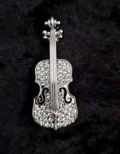 Rhinestone Violin Brooch Silver Tone Vintage Inspired Jewellery Pin Gift 