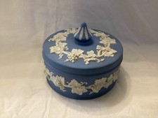 Round Light Blue Wedgwood Jasperware Trinket Dish with Grape & Vine Motif 1959