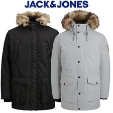 Jack & Jones Mens Long Jacket Long Sleeve Faux Fur Hooded Coat for Men XS to 2XL