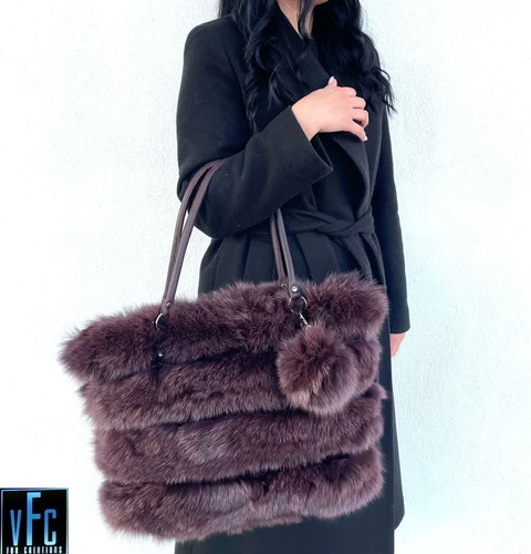 Burgundy fox fur handbag - burgundy,